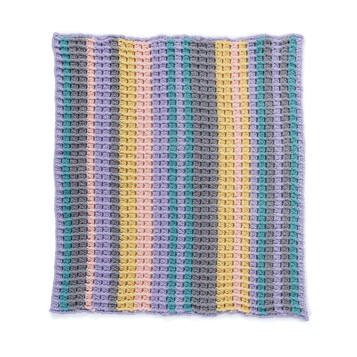 Suit Your Mood Crochet Blanket made using Bernat yarn on a white background