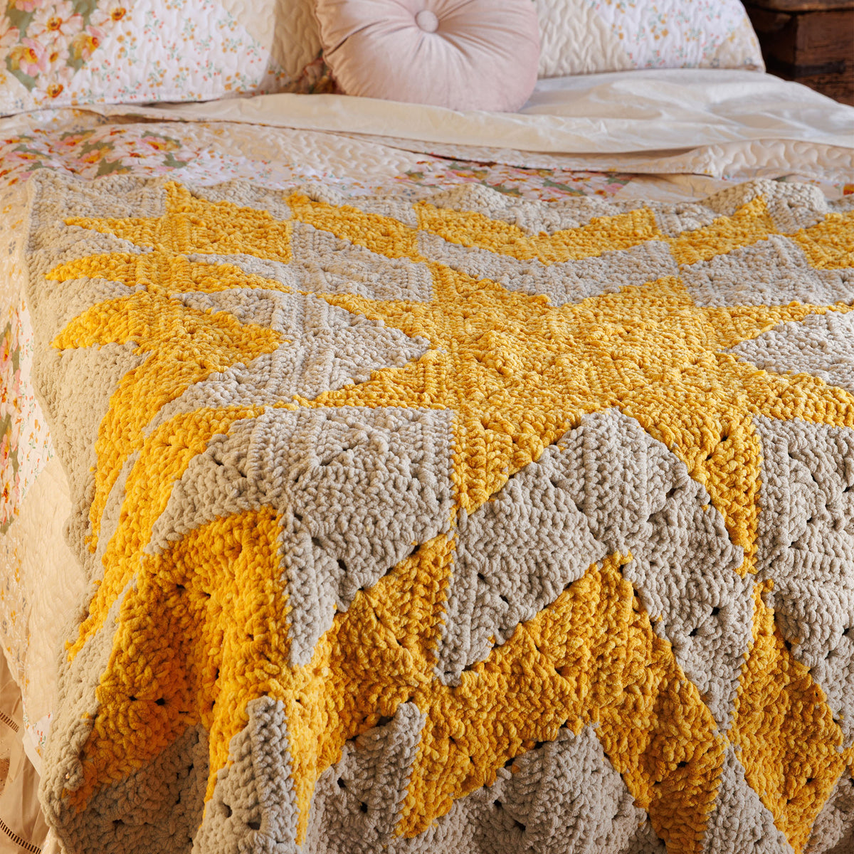 Crochet Sunburst Quilt made using Bernat yarn