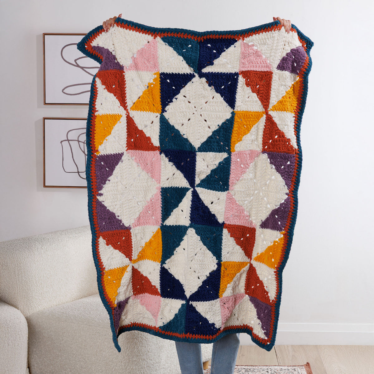 Geosquares Crochet Blanket made using Bernat yarn