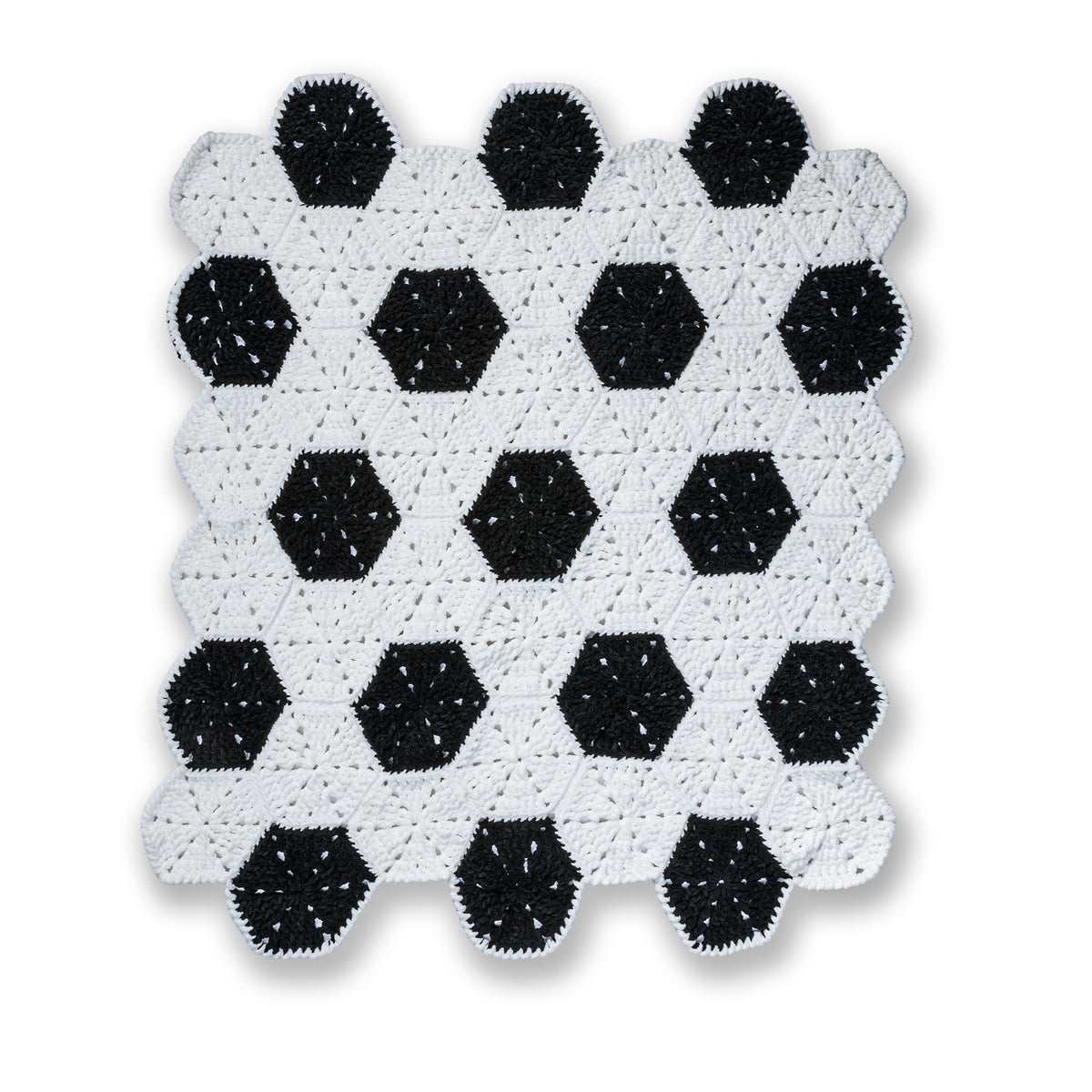 Crochet Soccer Ball Blanket made using Bernat yarn on a white background