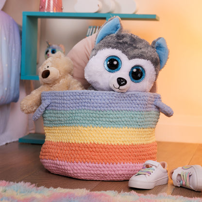 Bernat Crochet Rainbow Stripe Basket Crochet Rainbow Stripe Basket made using Bernat yarn