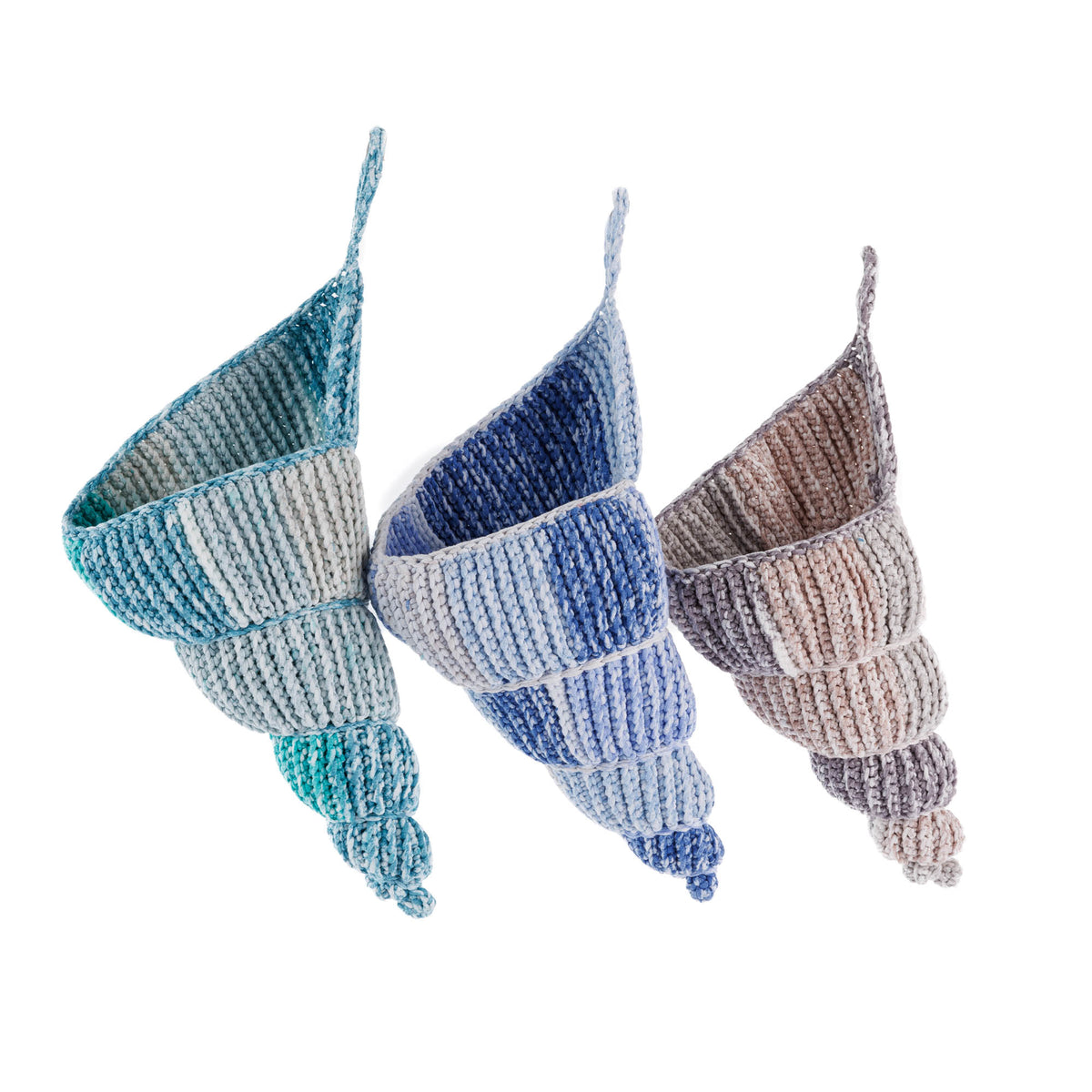 Crochet Conch Shell Hanging Basket made from Bernat Maker Splash yarn.