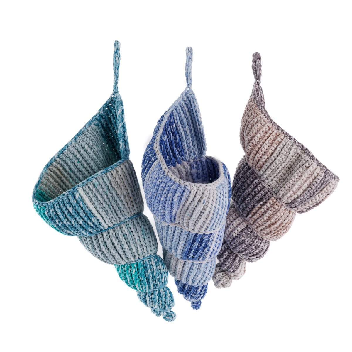 Crochet Conch Shell Hanging Basket made from Bernat Maker Splash yarn.