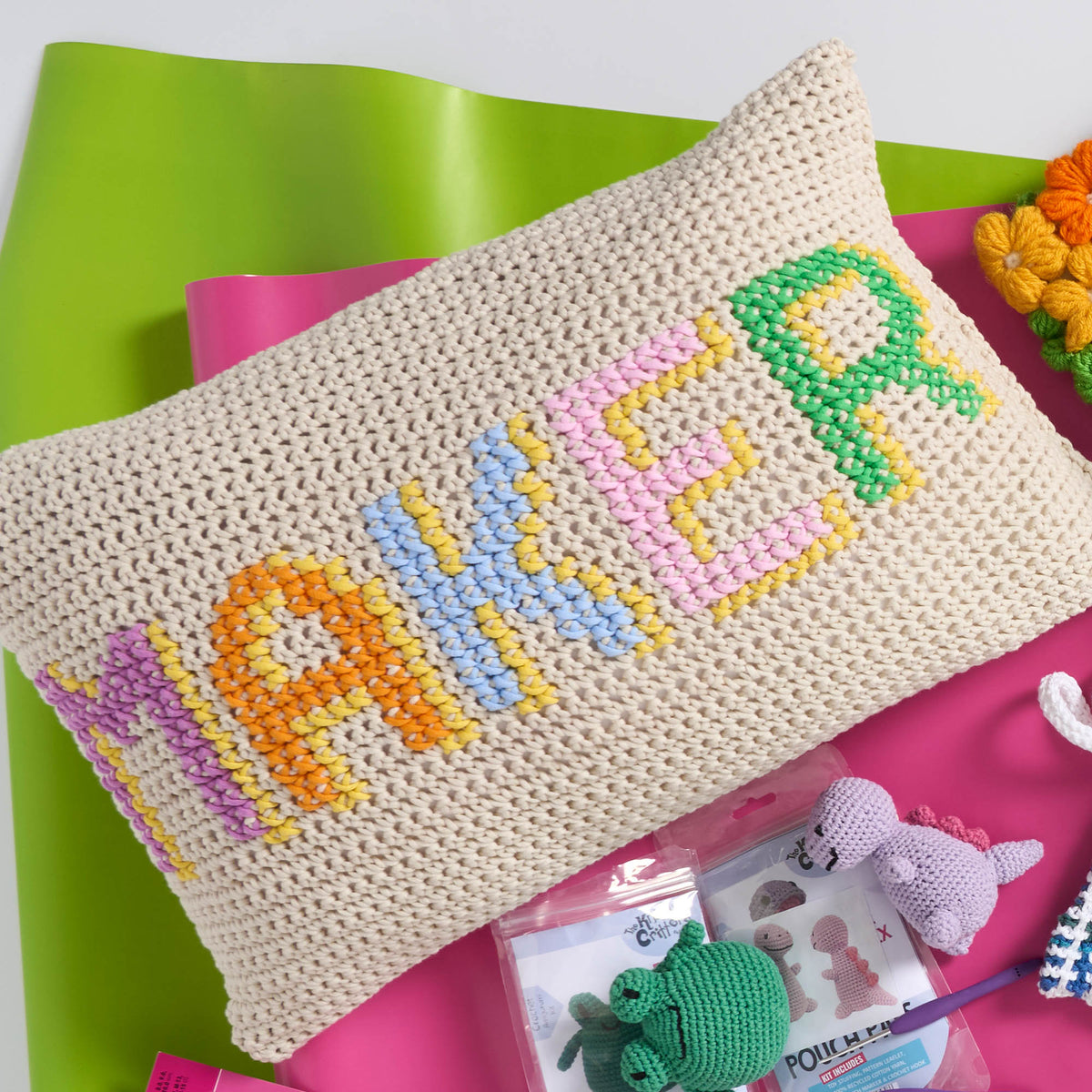 Crochet Made For Makers Pillow made using Bernat yarn