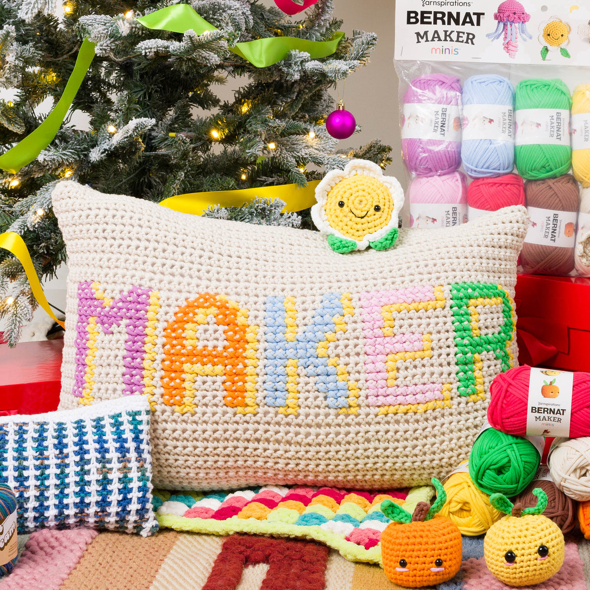 Crochet Made For Makers Pillow made using Bernat yarn