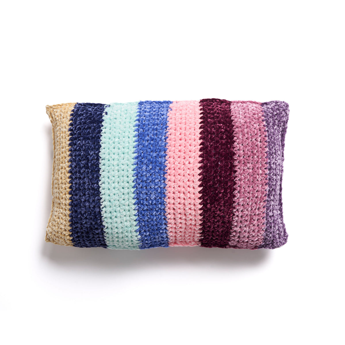 Crochet Stripey Lumbar Pillow made using Bernat yarn