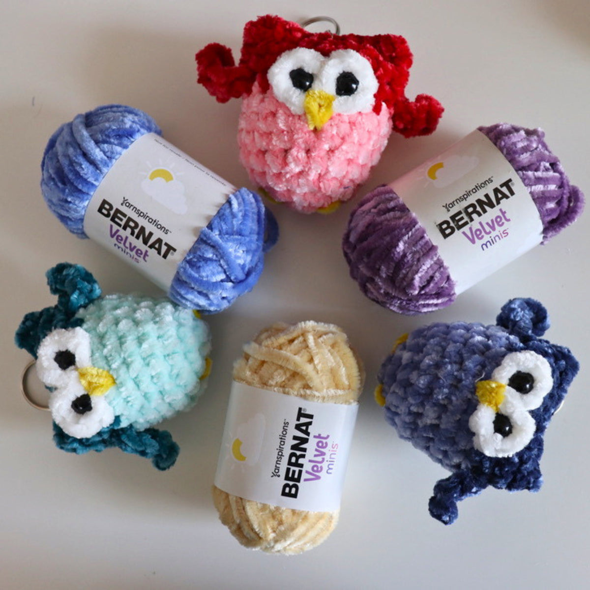 Crochet Mini Owl Keychain made using Bernat yarn