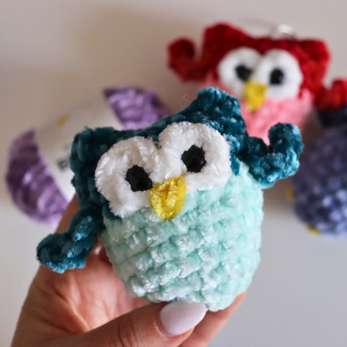 Crochet Mini Owl Keychain made using Bernat yarn