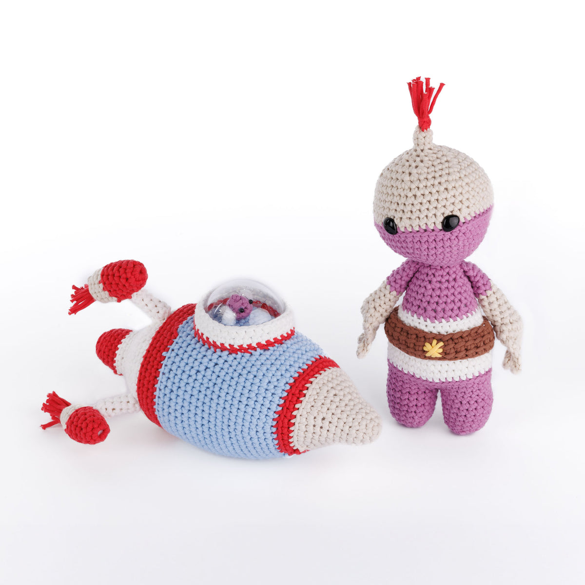 Crochet Rocketship And Alien made using Bernat yarn