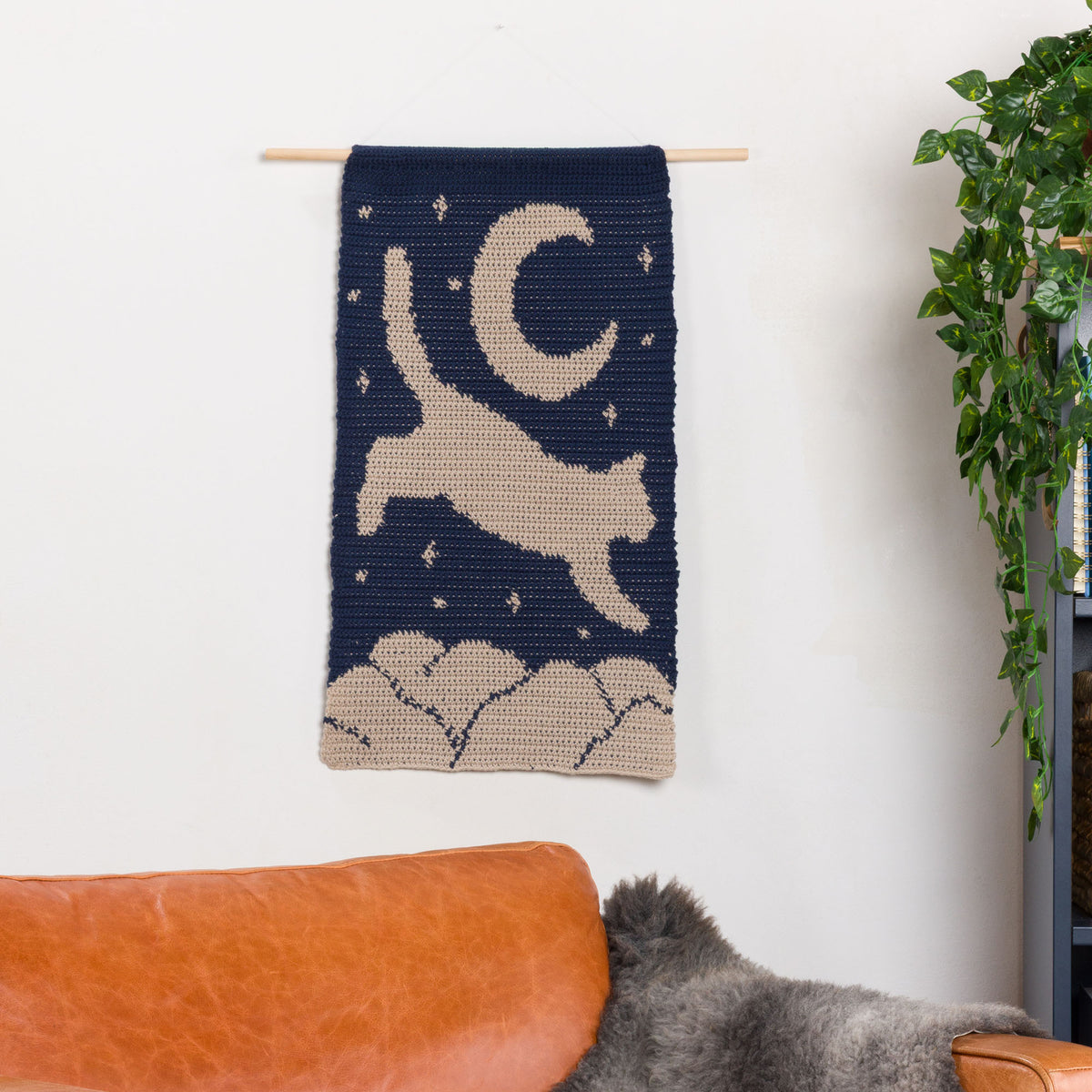 Moonlight Meowgic Crochet Tapestry made using Bernat yarn