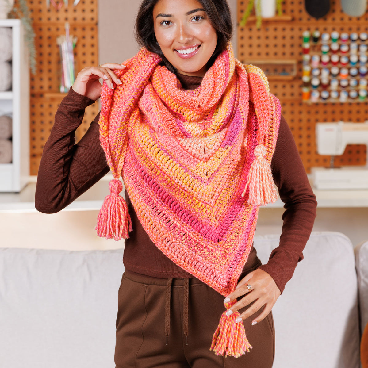 Crochet Sunrise Shawl made using Bernat yarn