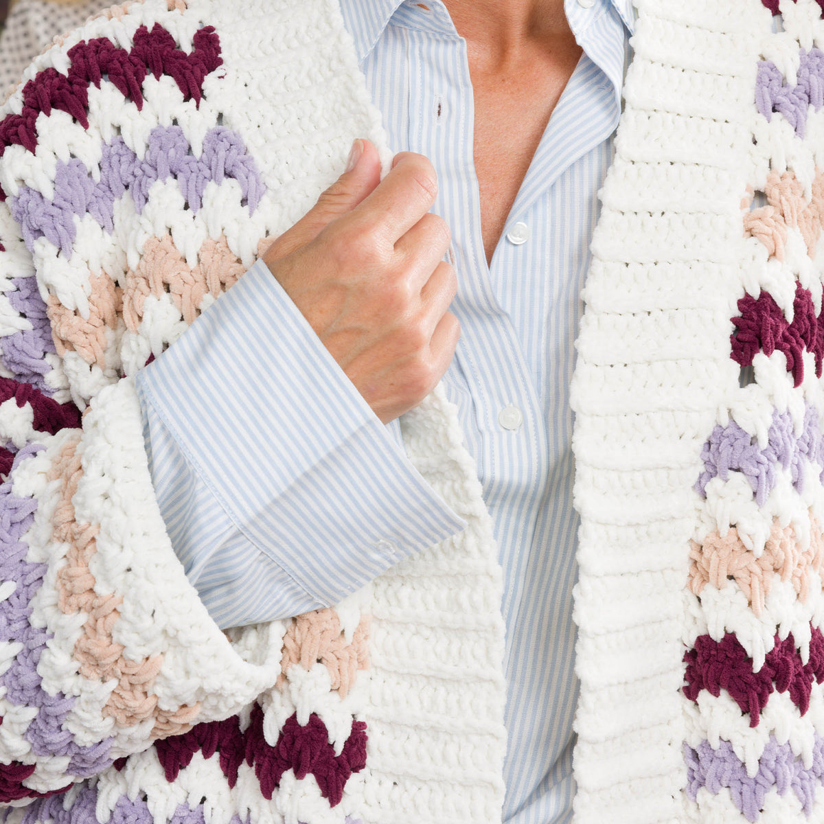 Mini Chevron Crochet Cardigan made using Bernat yarn