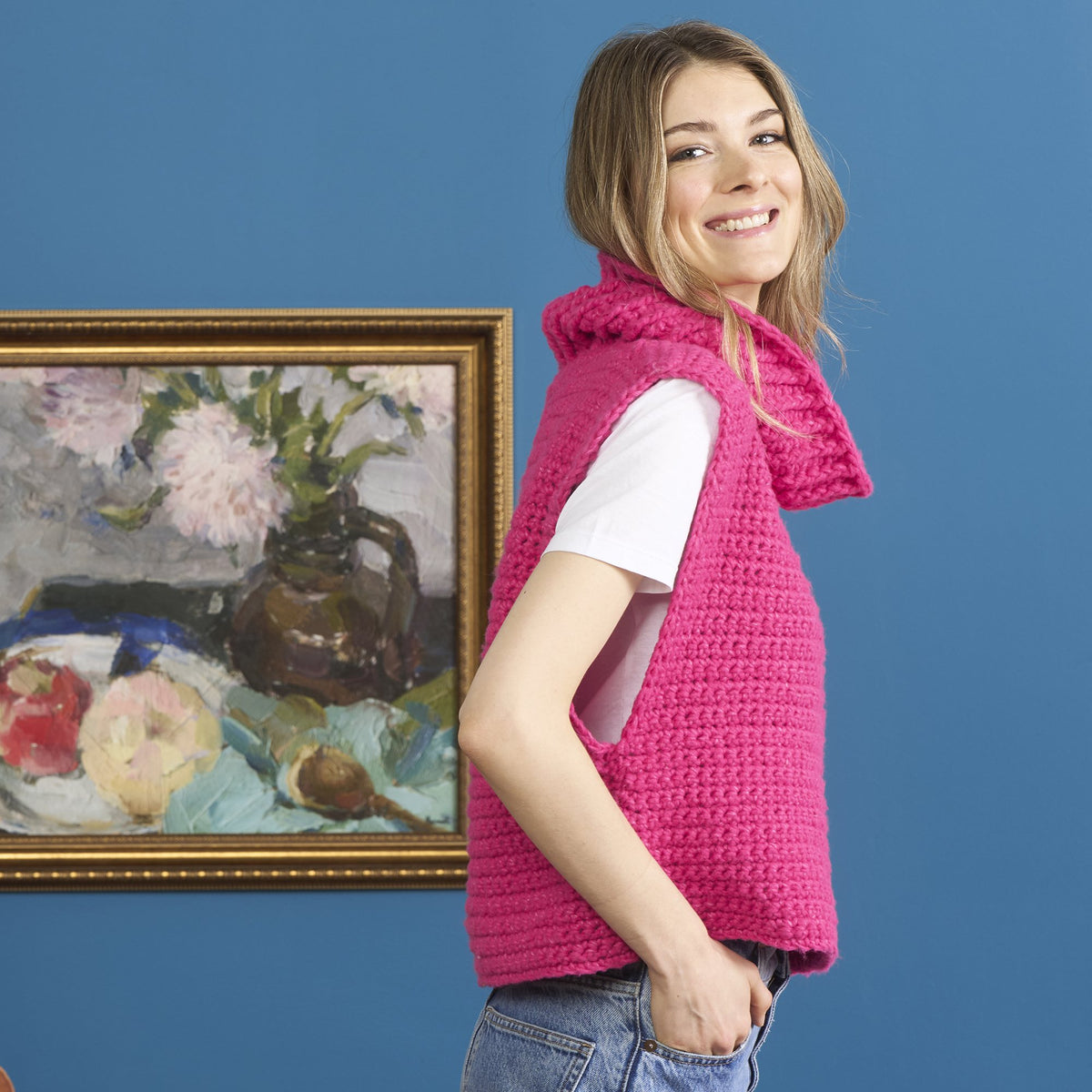 The Future Is Now Crochet Scarf Vest made using Bernat yarn
