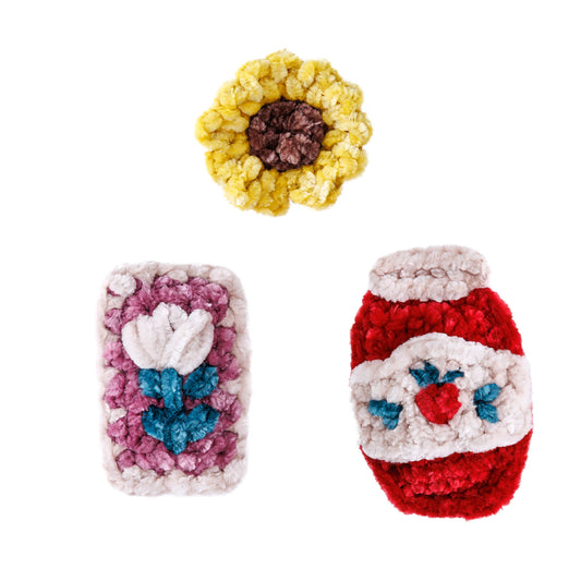 Garden Party Crochet Bag Charms made using Bernat yarn