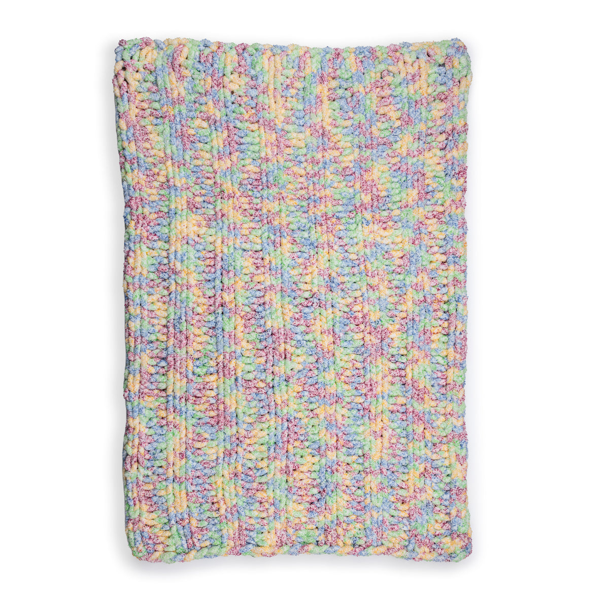 Simple Ribbing Table Knit Blanket made using Bernat yarn on a white background