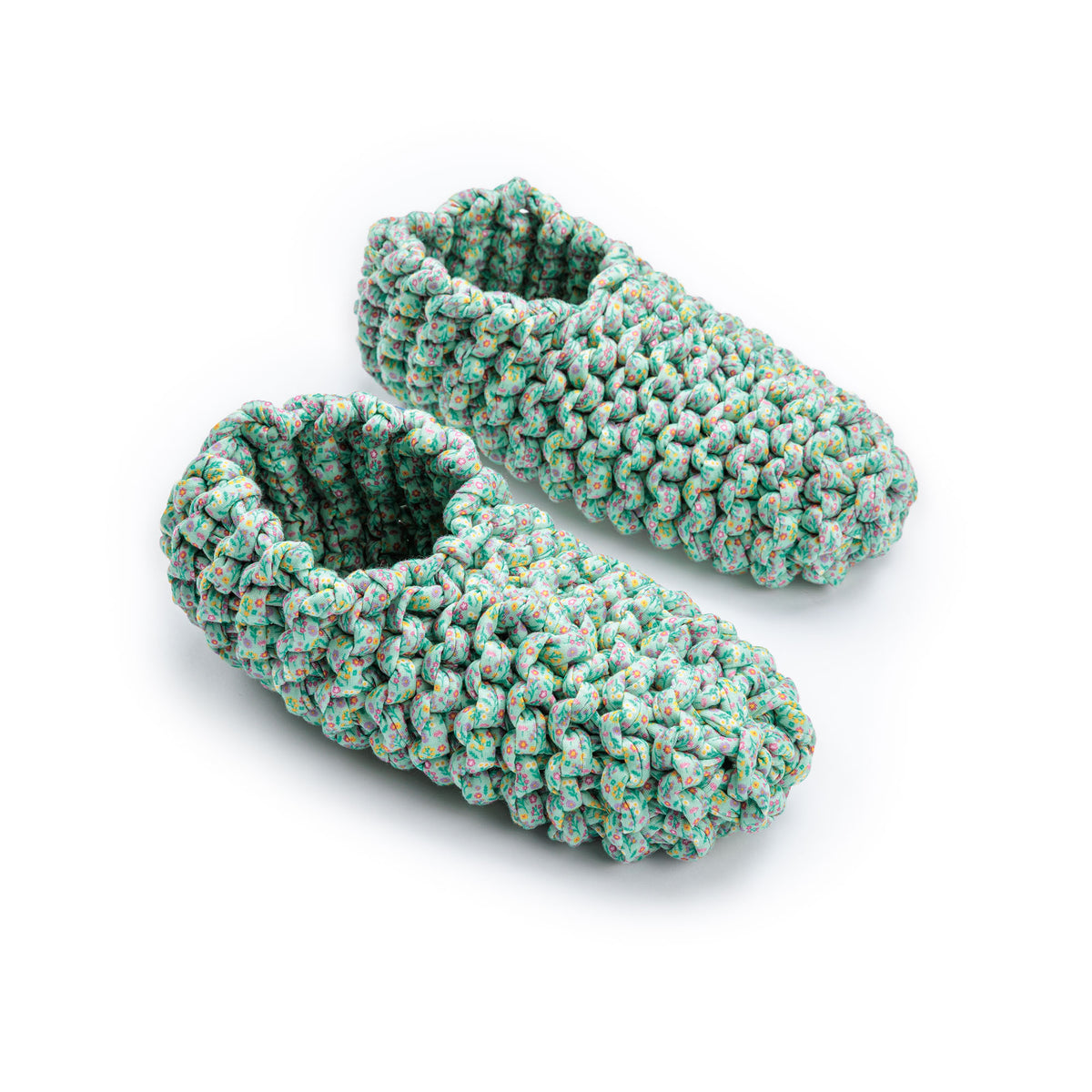 Garter Knit Slippers made using Bernat yarn on a white background