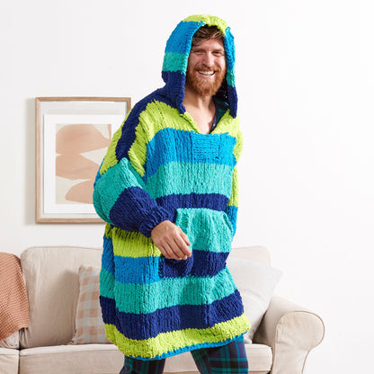 Bernat Stripy Snuggler Knit Blanket Hoodie Knit Blanket Hoodie made in Bernat Blanket Stripes Yarn