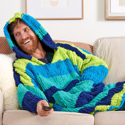 Bernat Stripy Snuggler Knit Blanket Hoodie Knit Blanket Hoodie made in Bernat Blanket Stripes Yarn