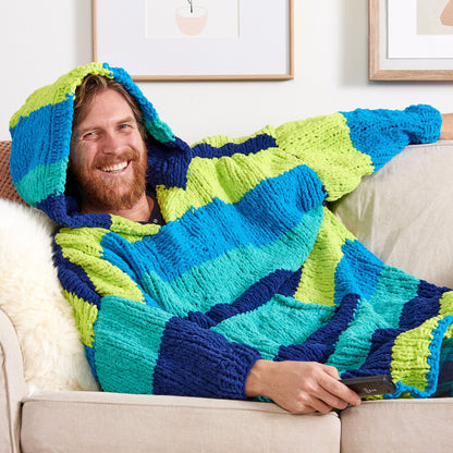 Bernat Stripy Snuggler Knit Blanket Hoodie Knit Blanket Hoodie made in Bernat Blanket Stripes Yarn