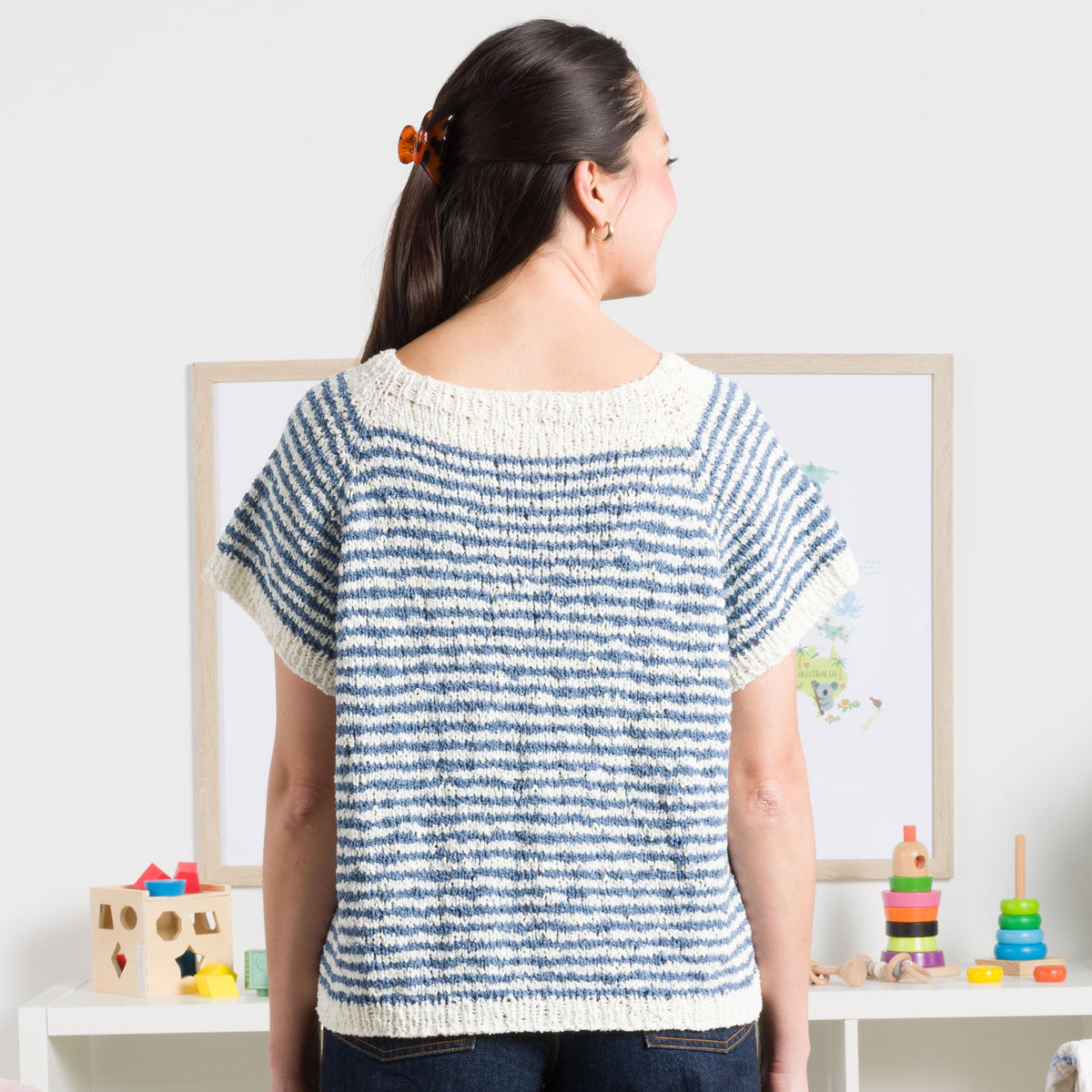 Knit Striped Top Down Tee made using Bernat yarn