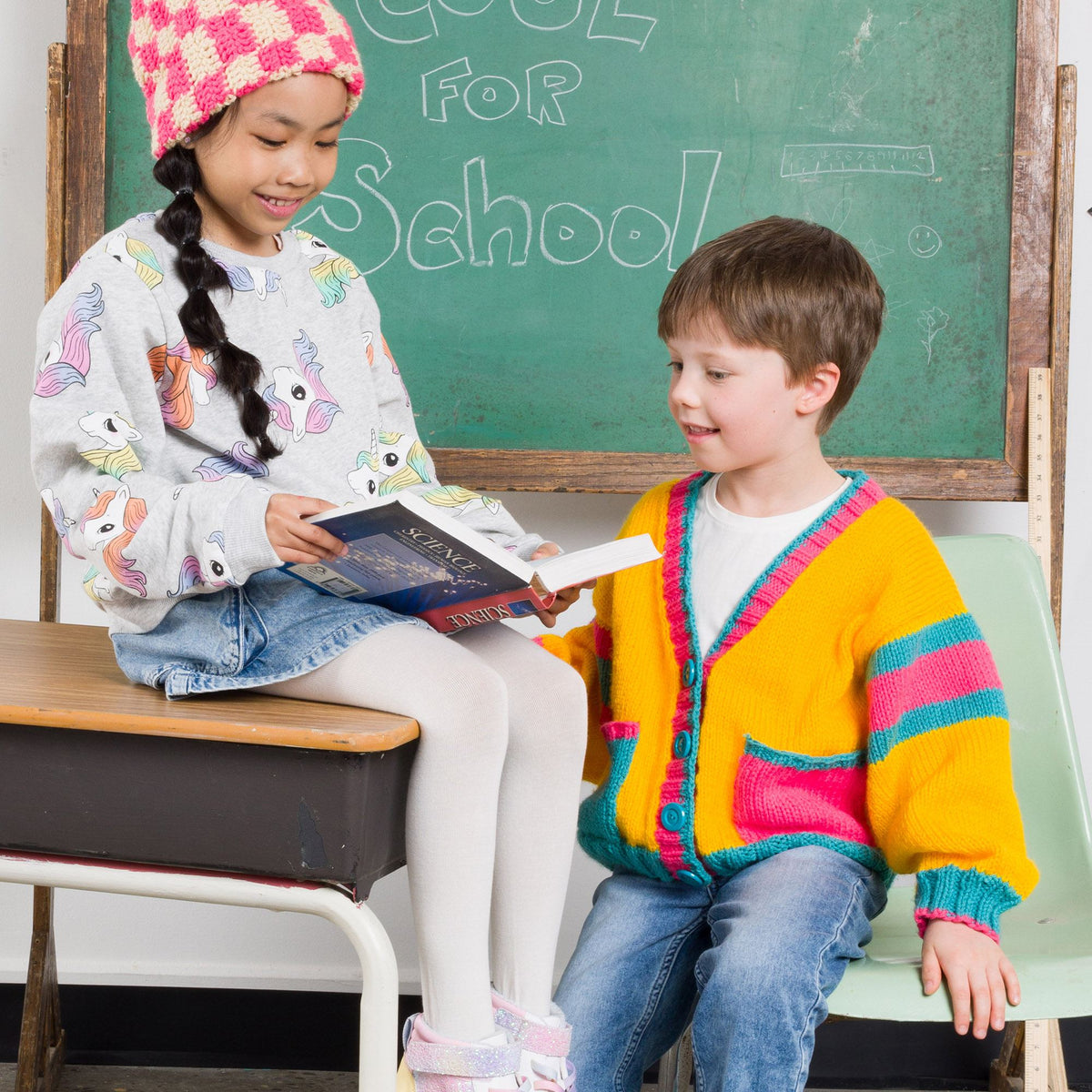 Bright Student Kids Knit Cardigan made using Bernat yarn