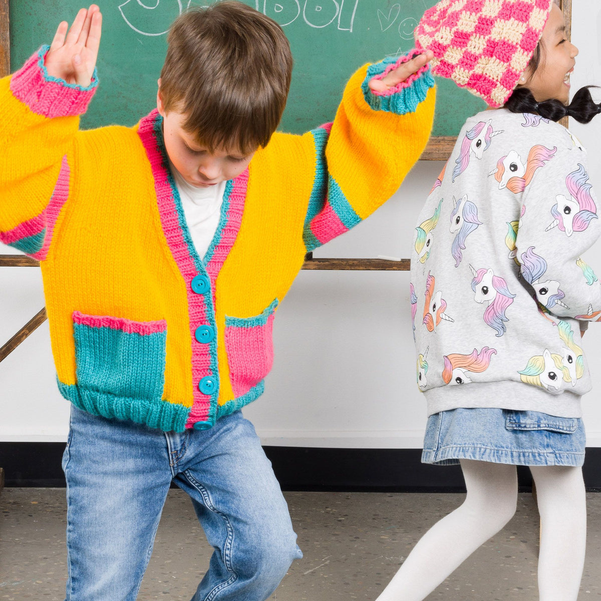 Bright Student Kids Knit Cardigan made using Bernat yarn