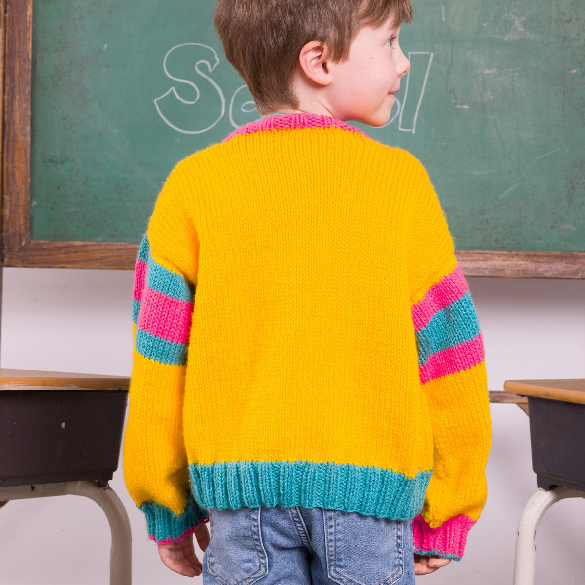 Bright Student Kids Knit Cardigan made using Bernat yarn