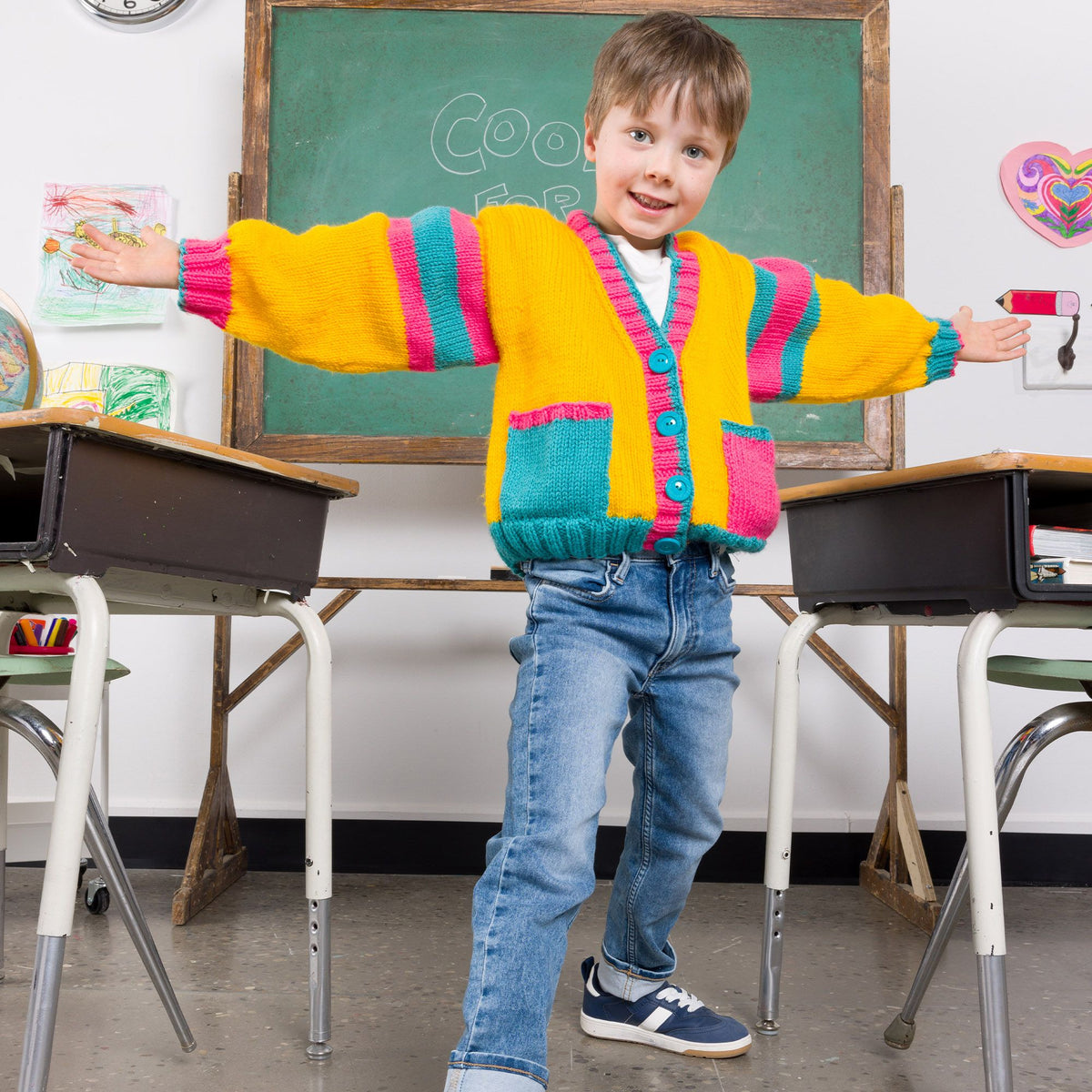 Bright Student Kids Knit Cardigan made using Bernat yarn