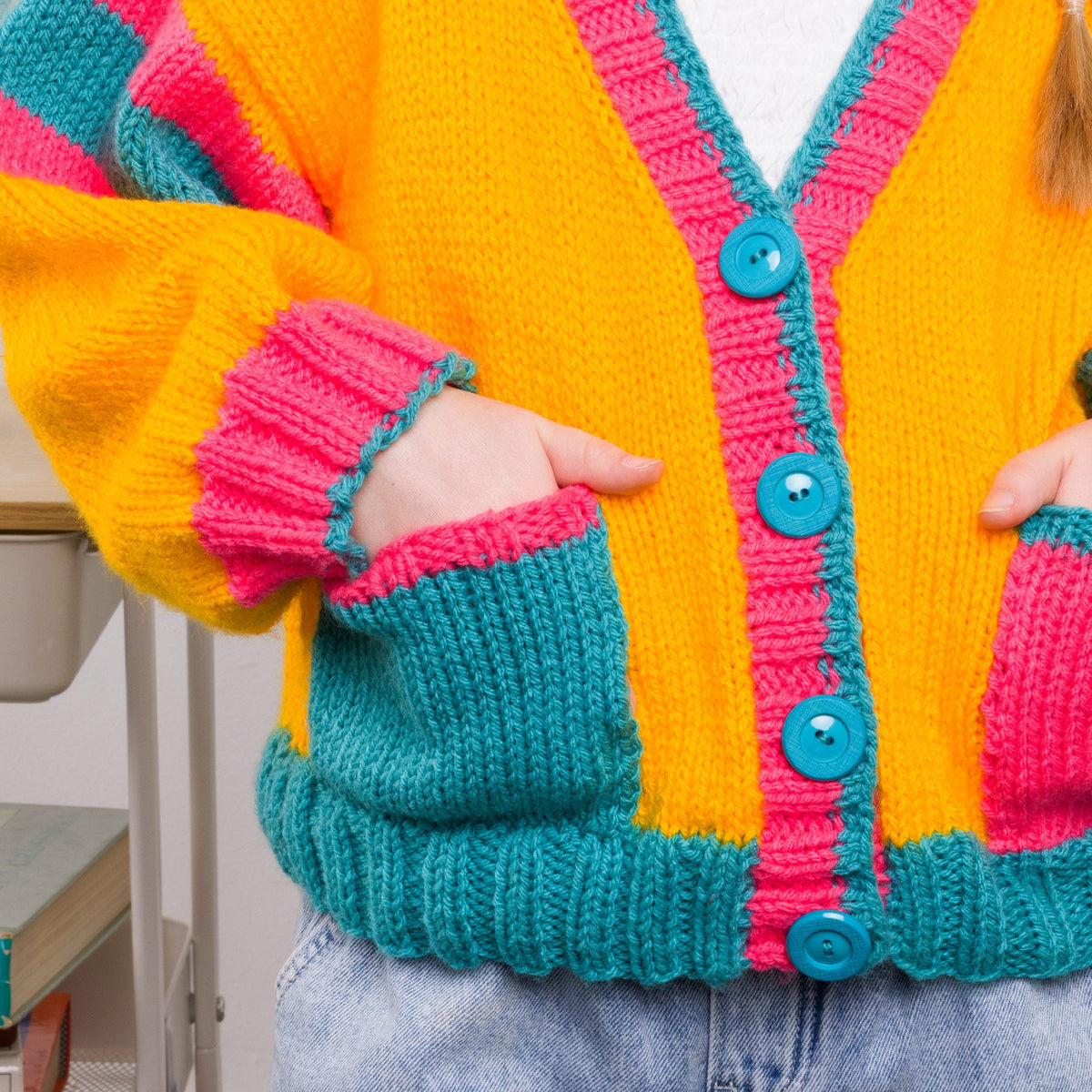 Bright Student Kids Knit Cardigan made using Bernat yarn
