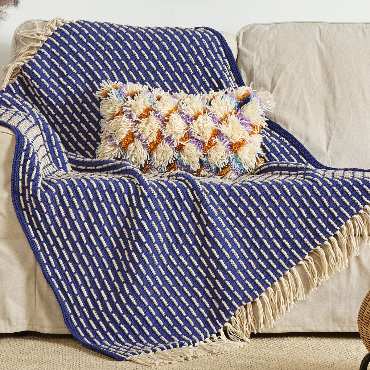 Knit Modern Weave Blanket made using Bernat yarn