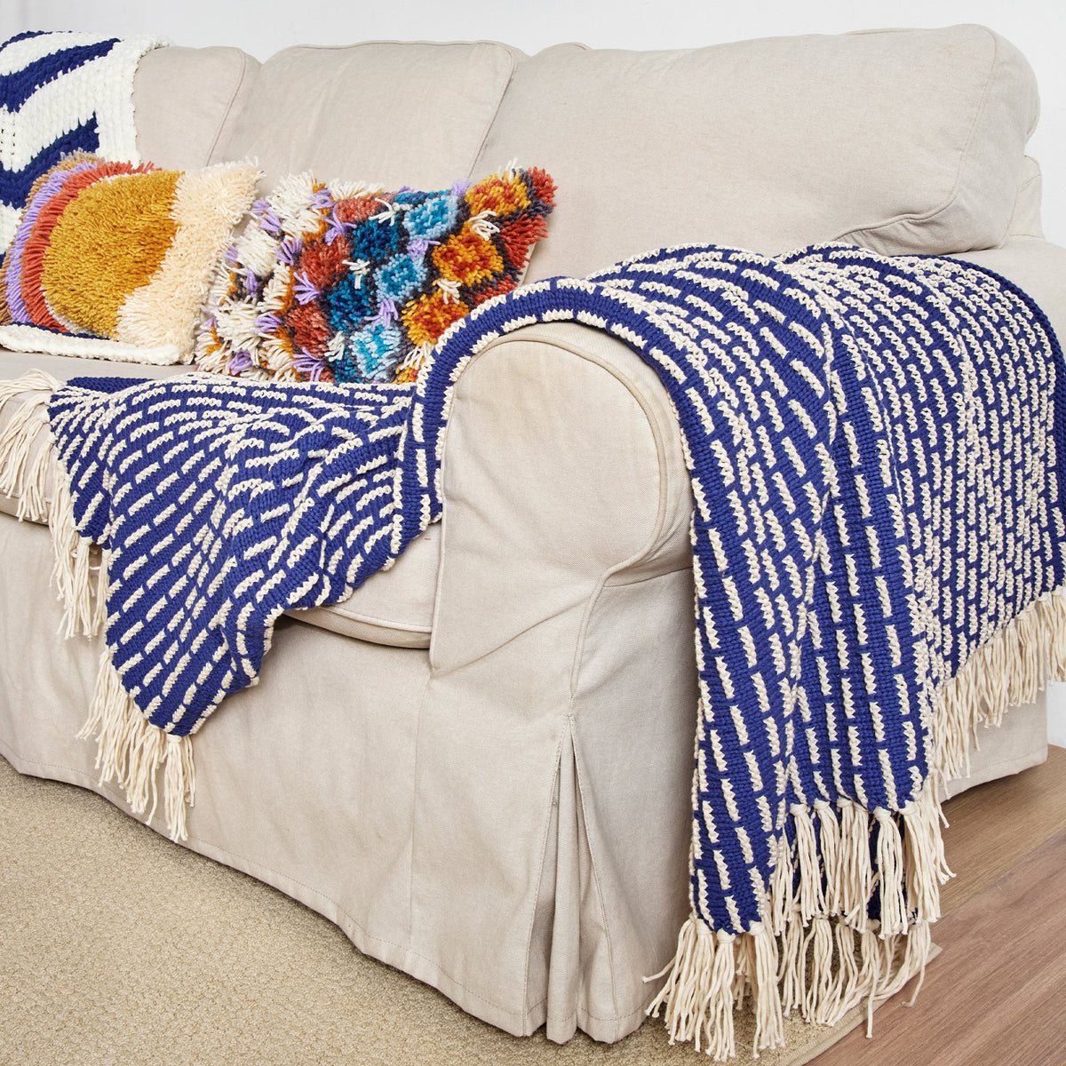 Knit Modern Weave Blanket made using Bernat yarn