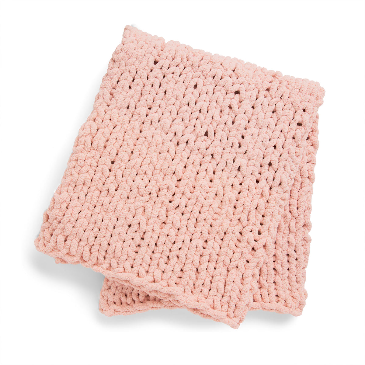 Nap Trapped Stocking Stitch Knit Blanket made using Bernat yarn on a white background