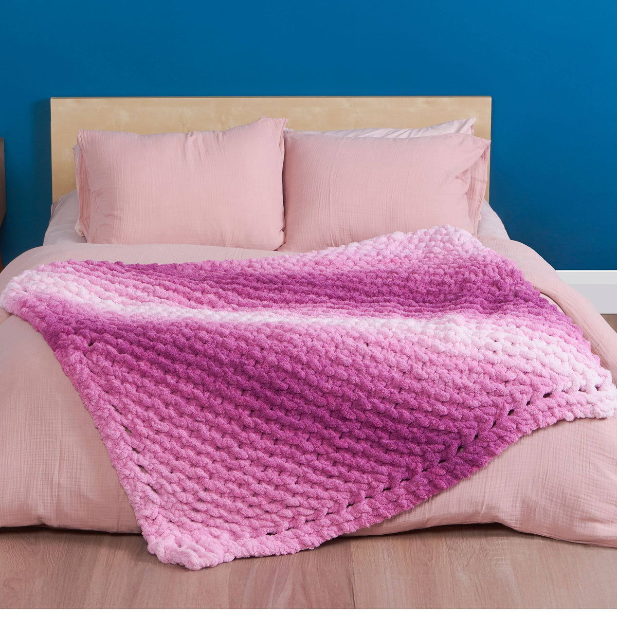 Knit On The Bias Blanket made using Bernat yarn