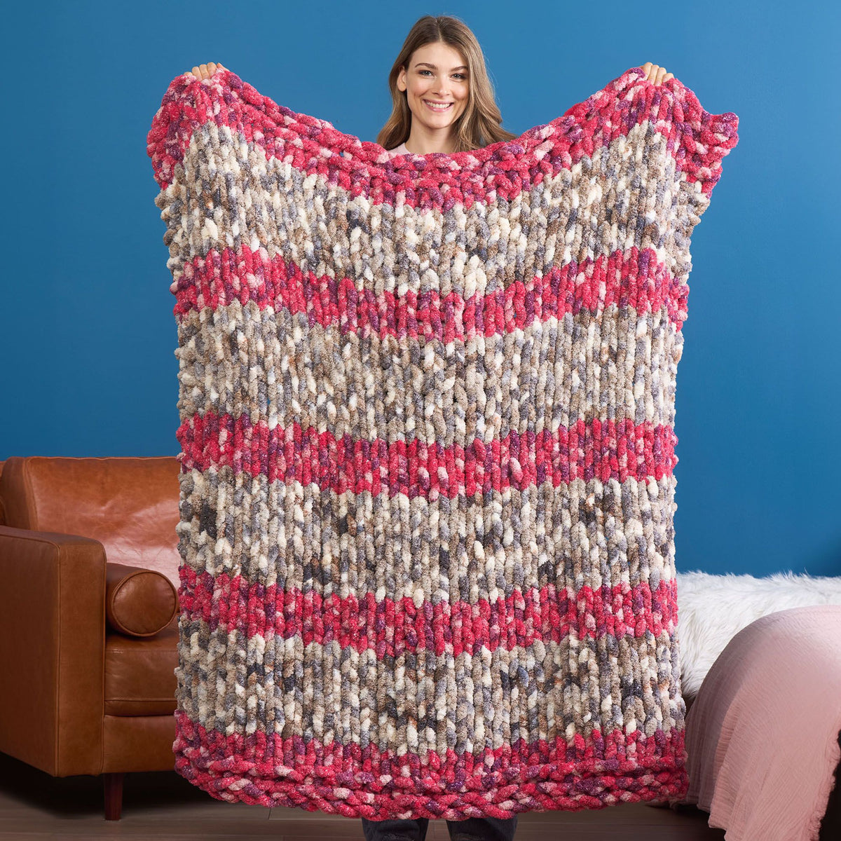 Celestial Stripes Knit Blanket made using Bernat yarn