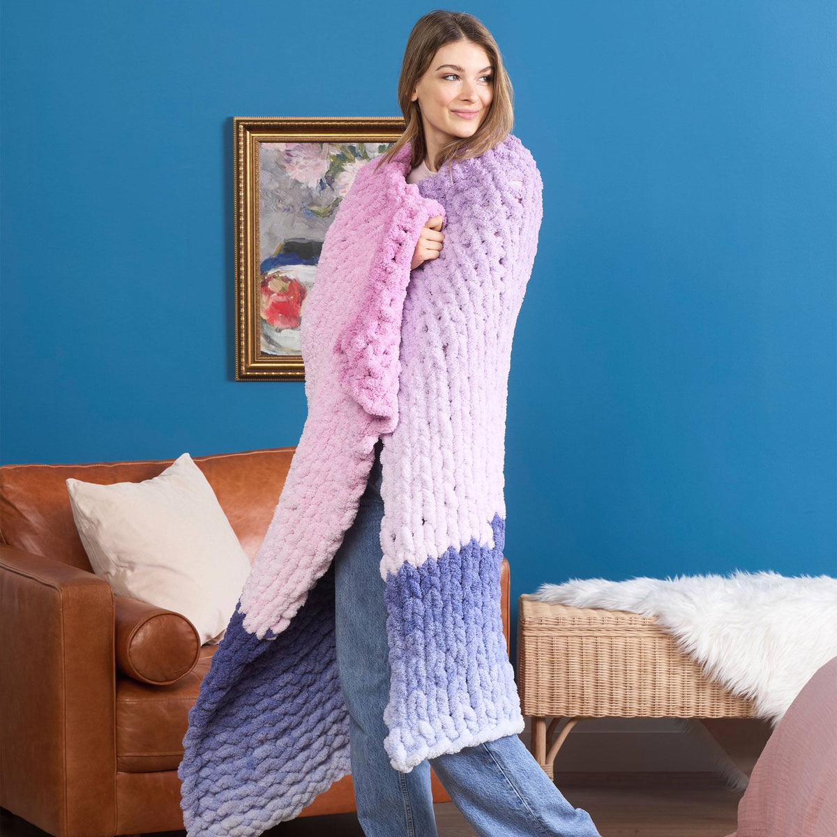 Phasing Spaces Knit Blanket made using Bernat yarn