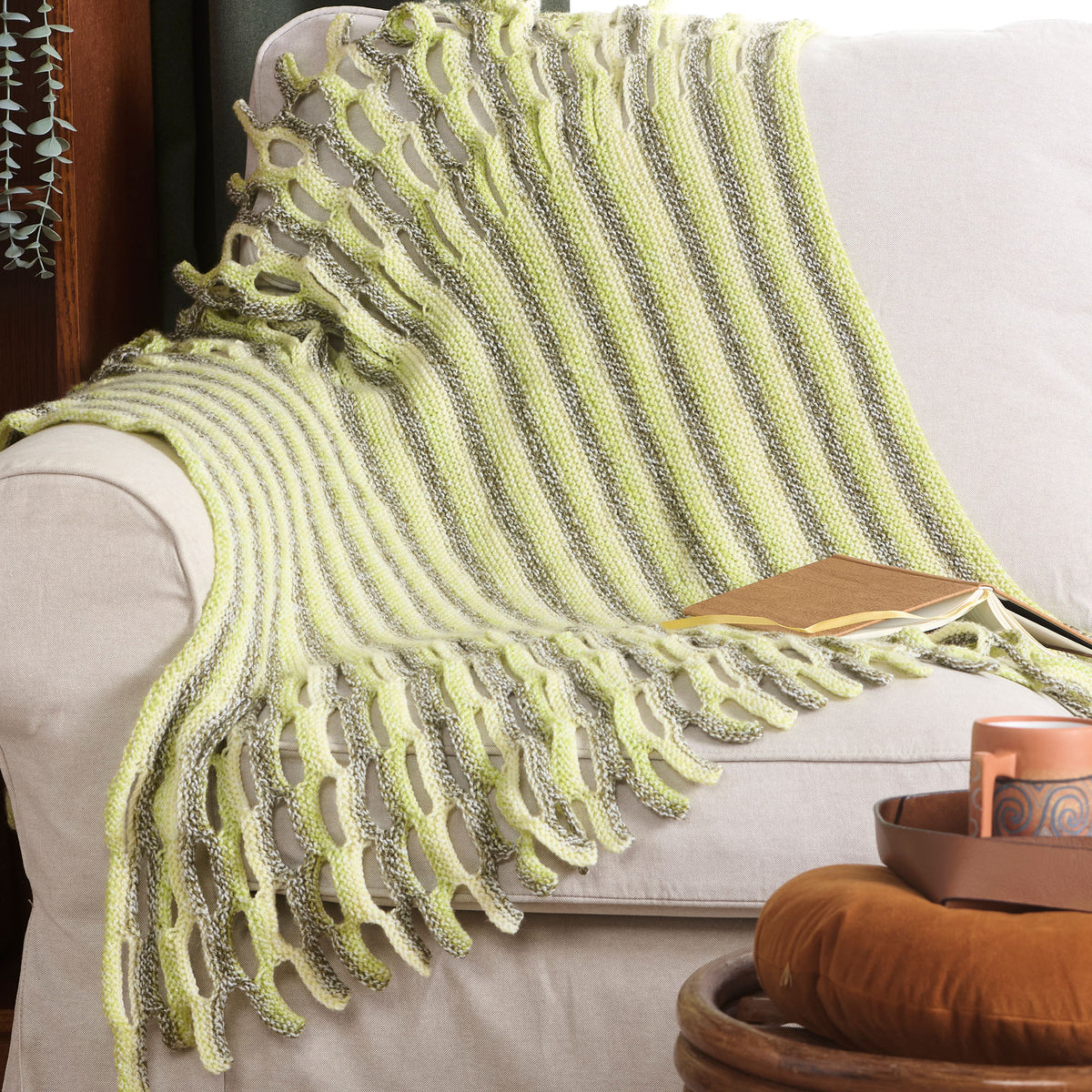 Twist My Way Garter Knit Blanket made using Bernat yarn