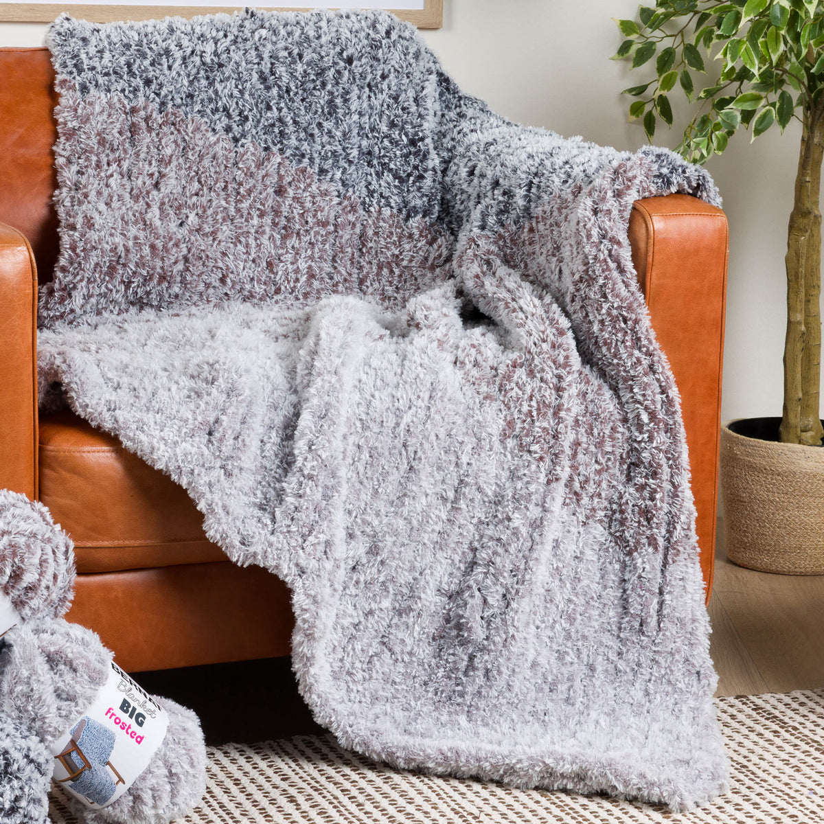 Fluffy Shades Knit Blanket made using Bernat yarn