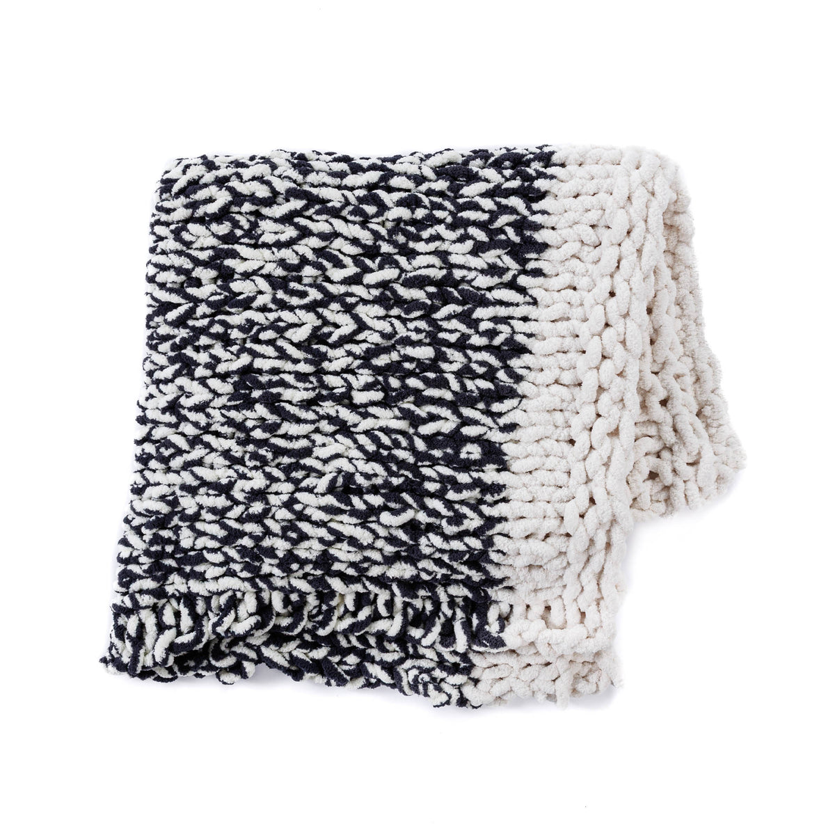 Go With The Flow Table Knit Blanket made using Bernat yarn