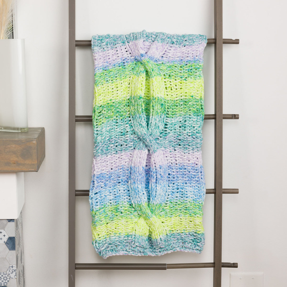 Cable Cloud Knit Blanket made using Bernat yarn