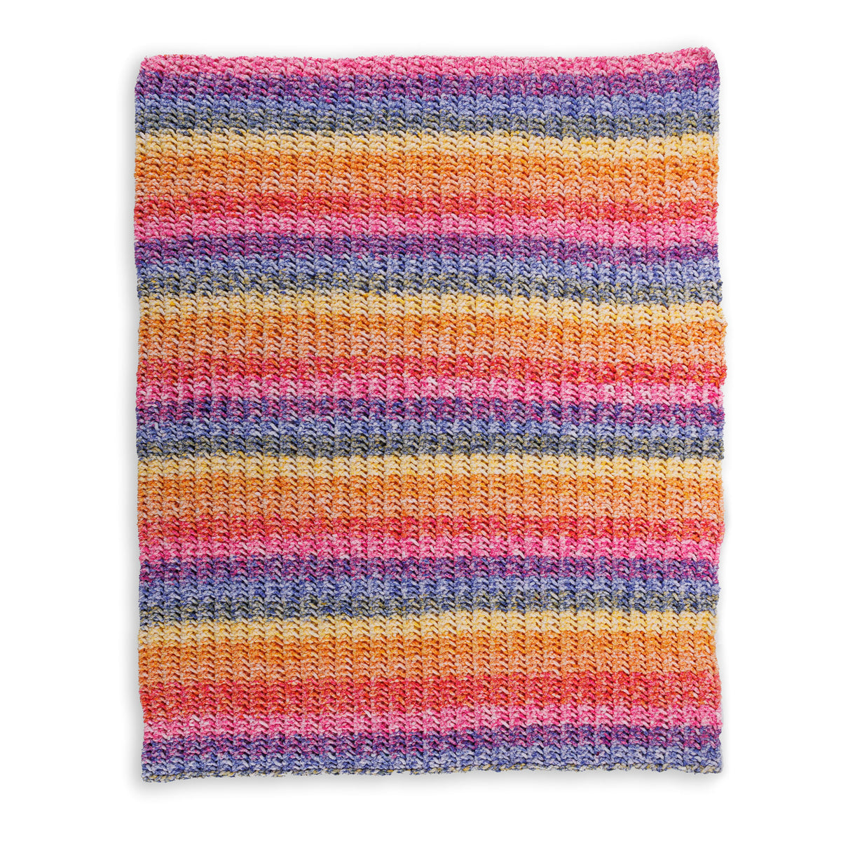 Eyelet Ridge Knit Blanket made using Bernat yarn on a white background