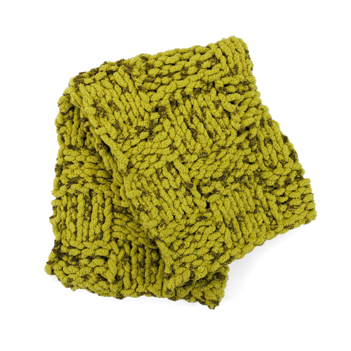 Woven Warmth Knit Blanket made using Bernat yarn in a styled lifestyle setting