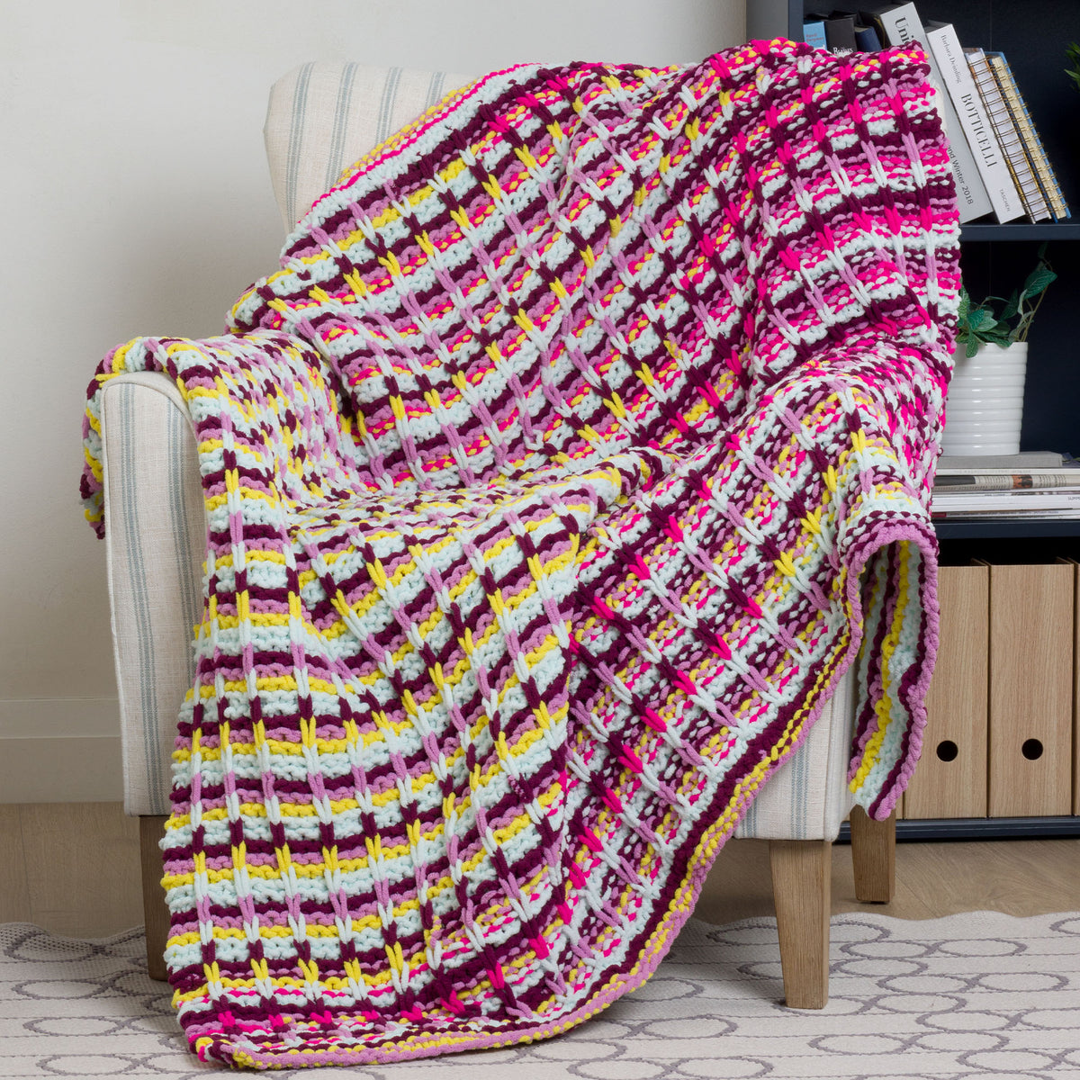 Slip Up Knit Blanket made using Bernat yarn