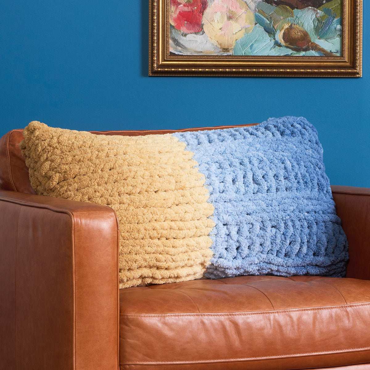 Cuddle Time Knit Pillow made using Bernat yarn
