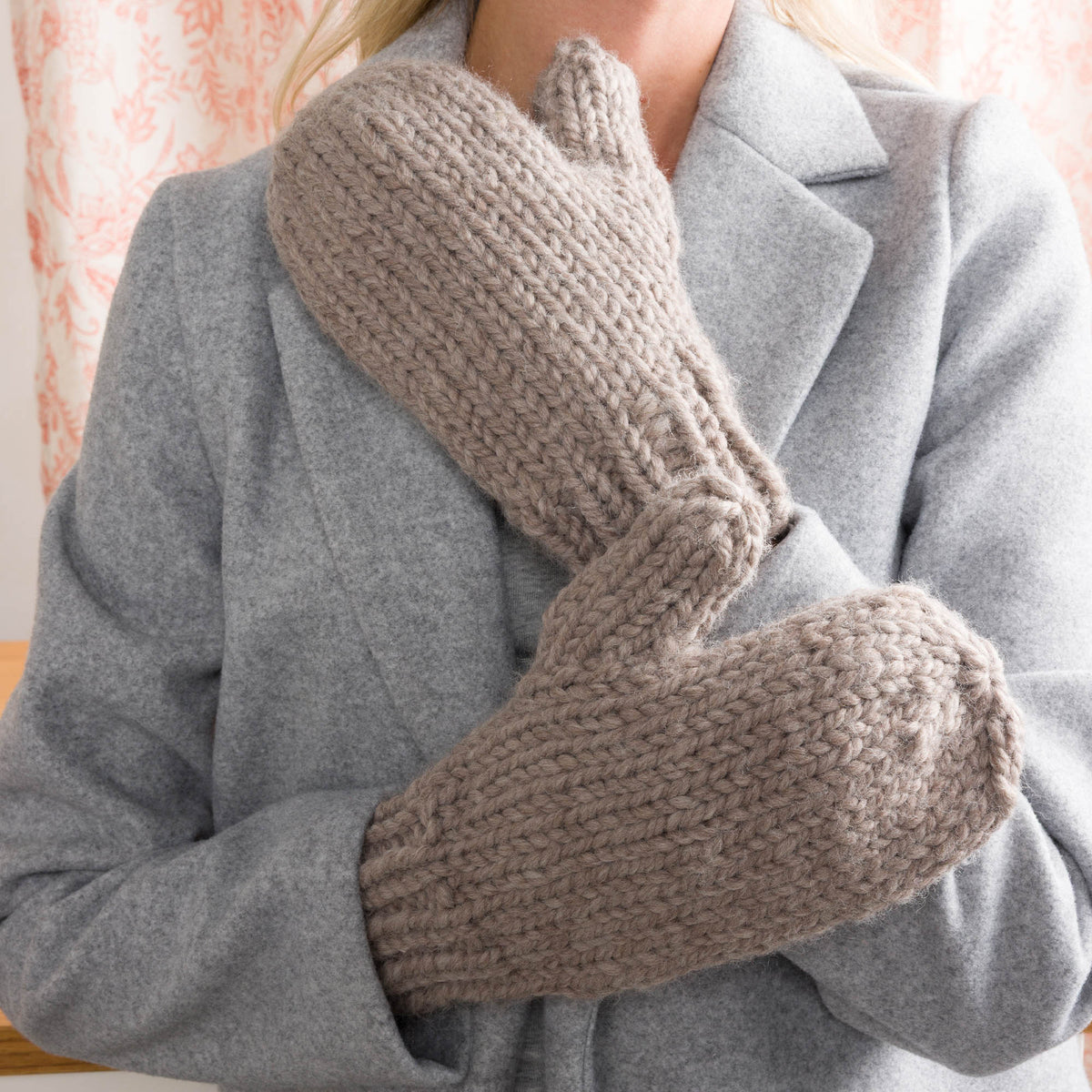 In A Snap Knit Mittens made using Bernat yarn