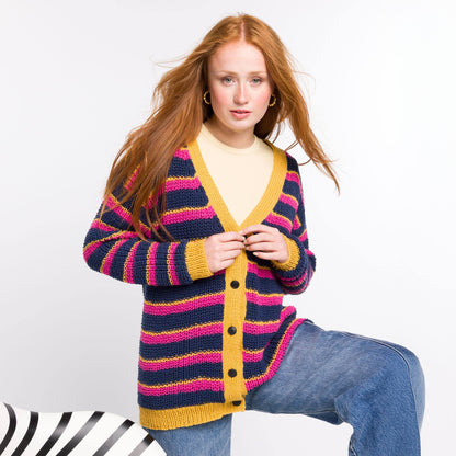 Bernat Knit Stripy V-Neck Cardigan Knit Stripy V-Neck Cardigan made using Bernat yarn