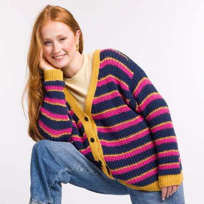 Bernat Knit Stripy V-Neck Cardigan Knit Stripy V-Neck Cardigan made using Bernat yarn