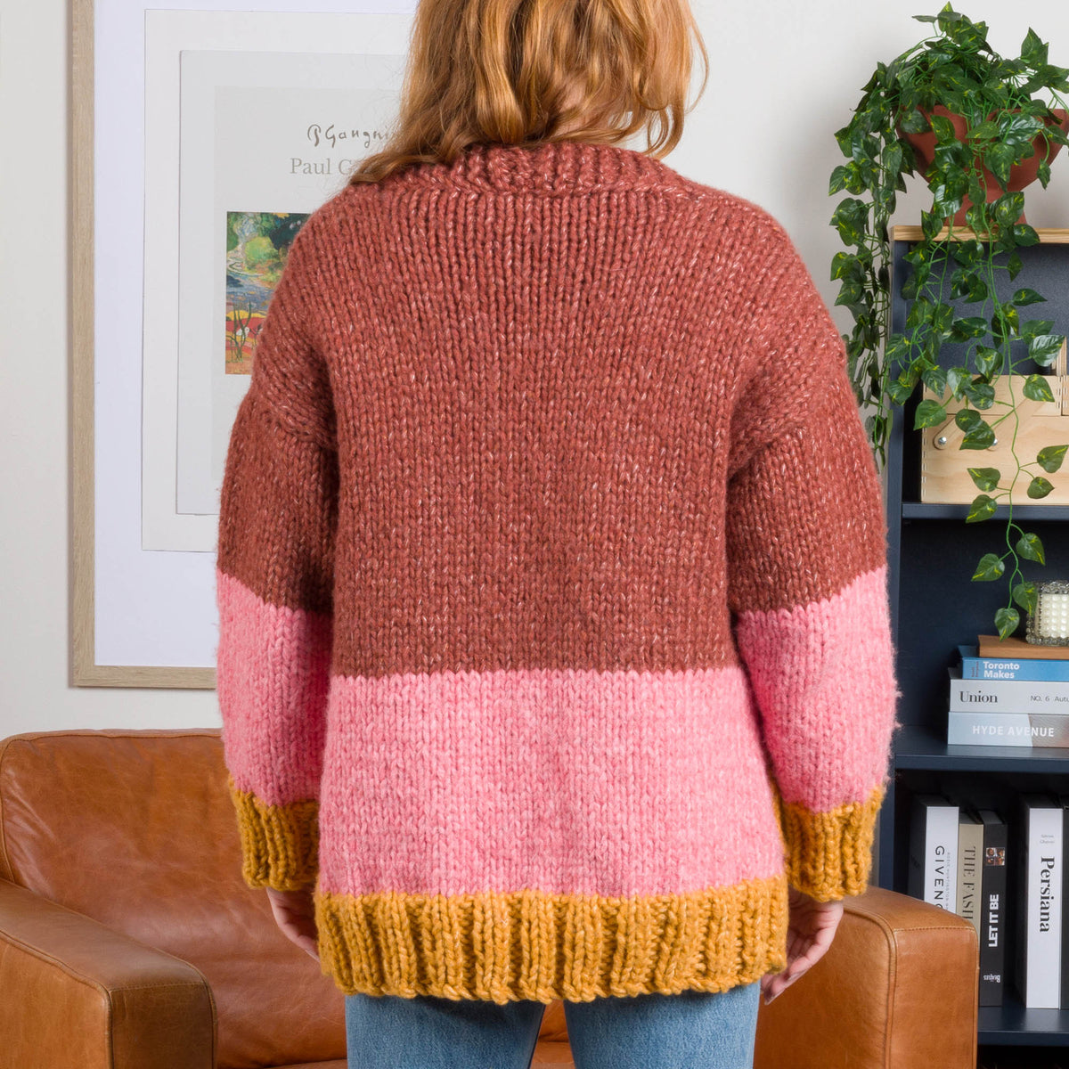Colorblocked Knit Cardigan made using Bernat yarn