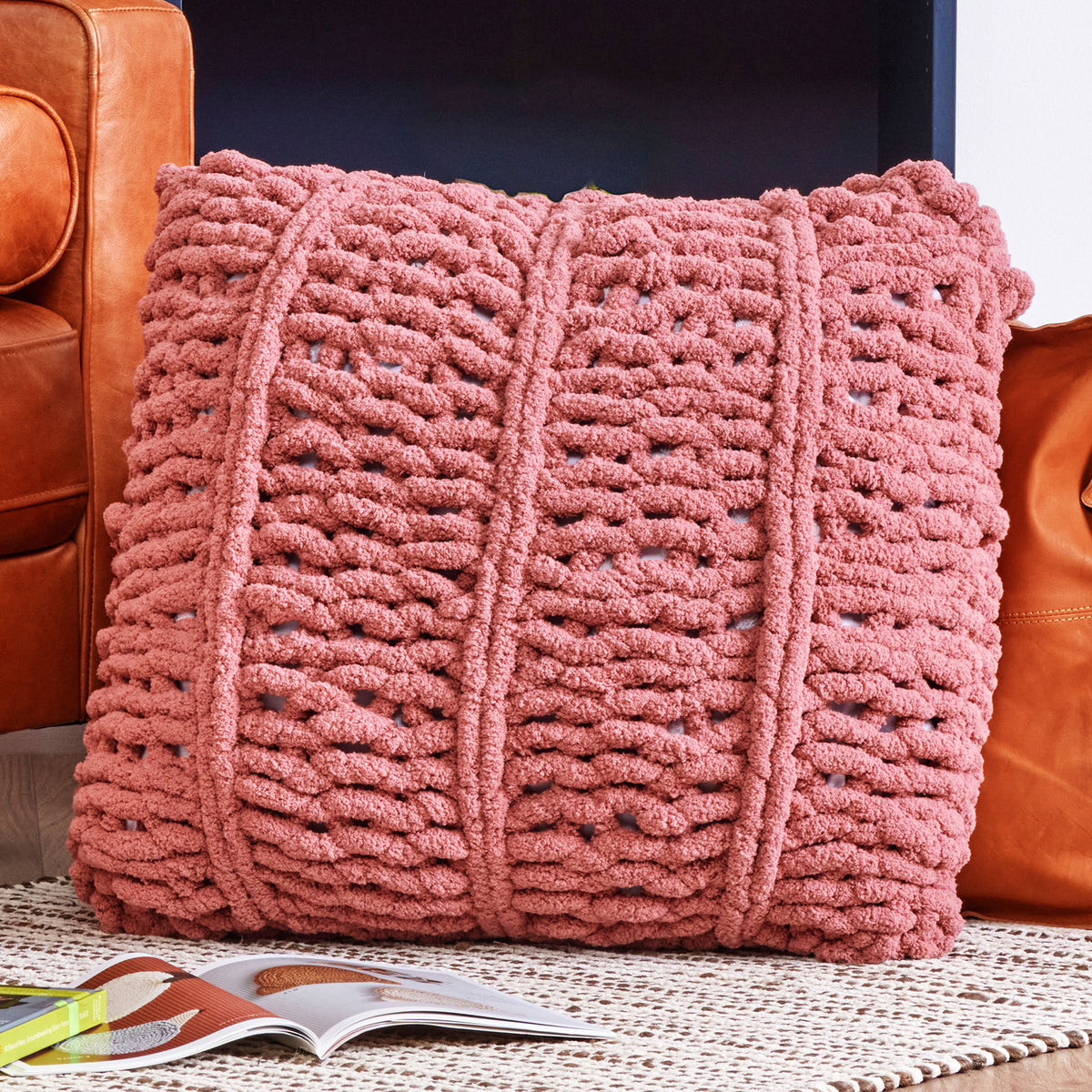 Willow Whisper Finger Knit Pillow made using Bernat yarn
