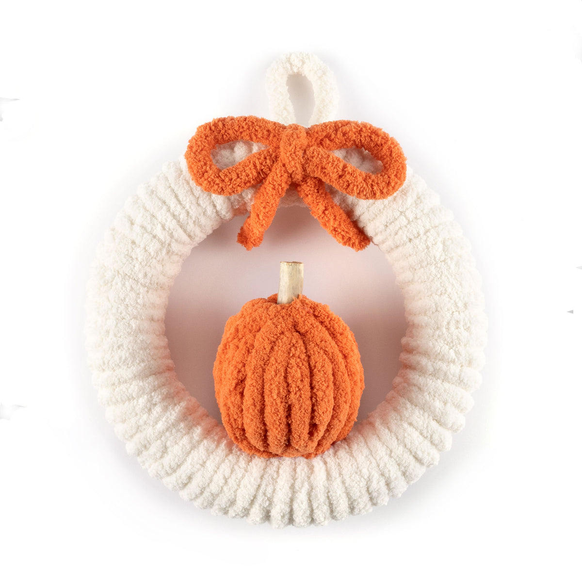 Wrapped Pumpkin Wreath made using Bernat yarn