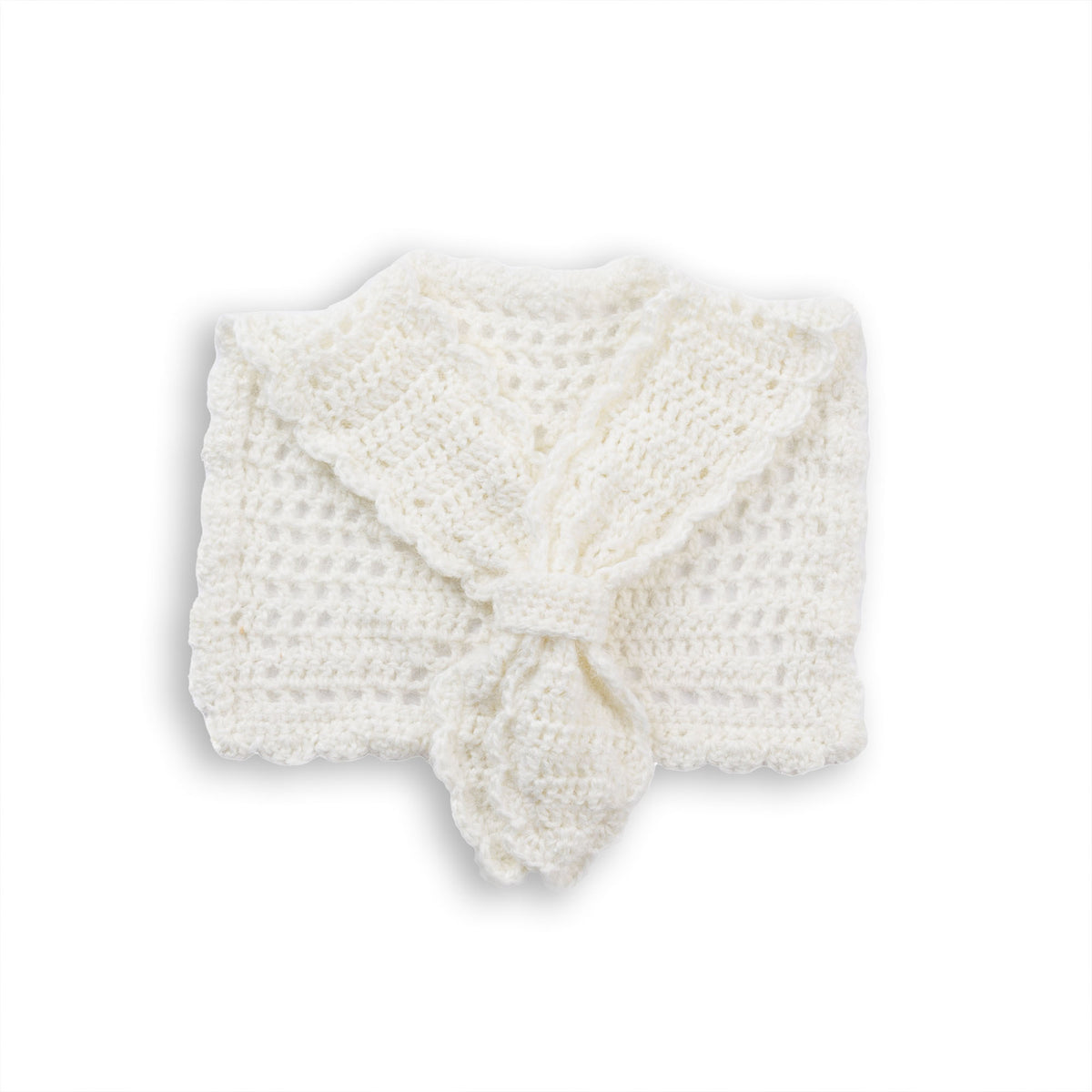 Crochet Sailor Collar made using Caron yarn on a white background